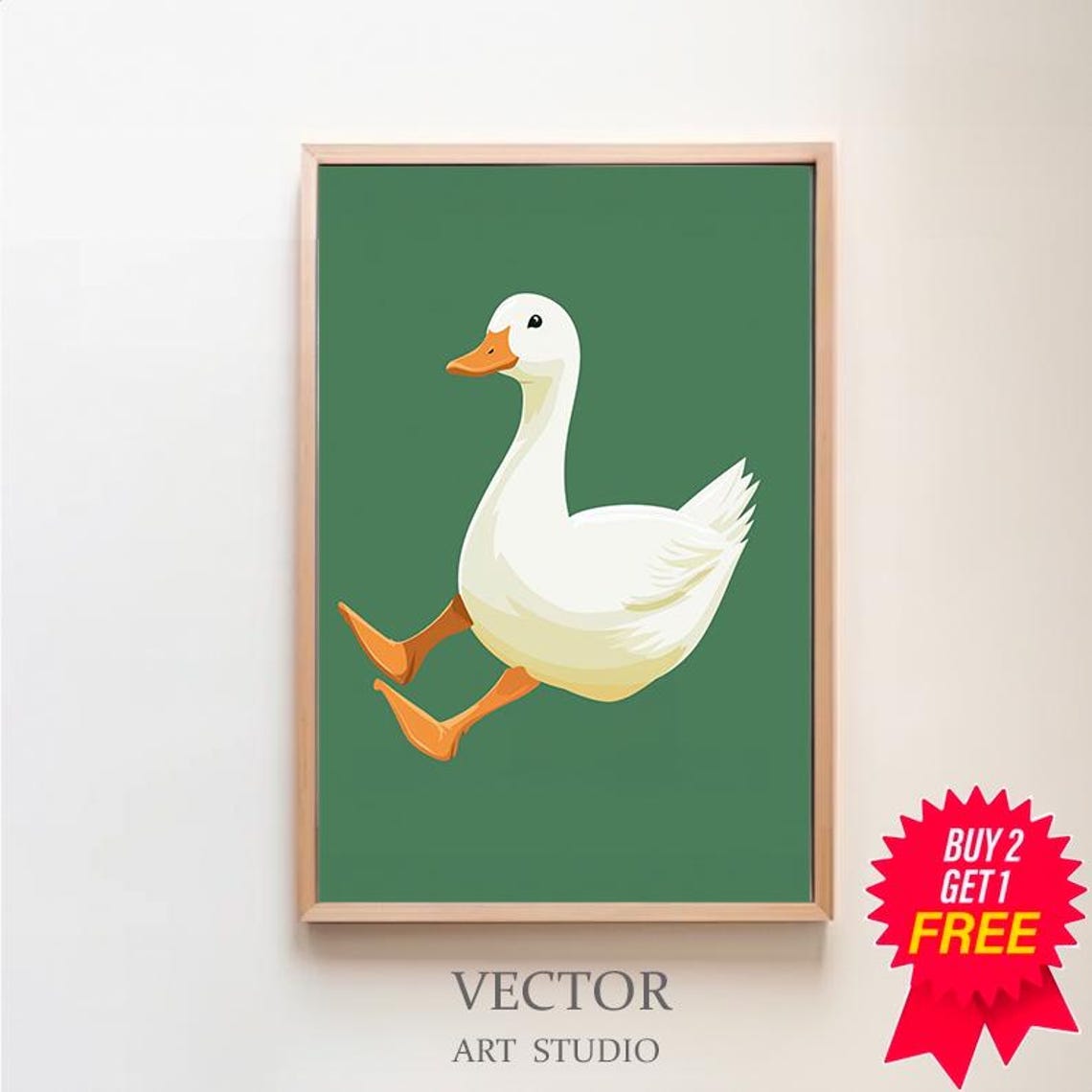 Cute White Goose Running on Dark Green Vector Nursery Poster