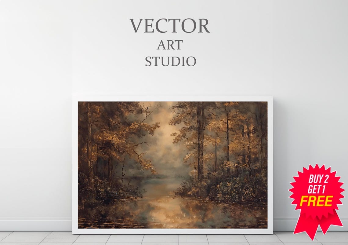 Lodge Wall Art Landscape Cabin Decor Rustic Vintage Autumn Moody Countryside Painting Farmhouse Decor Rustic Landscape Fall Wall - Image 3