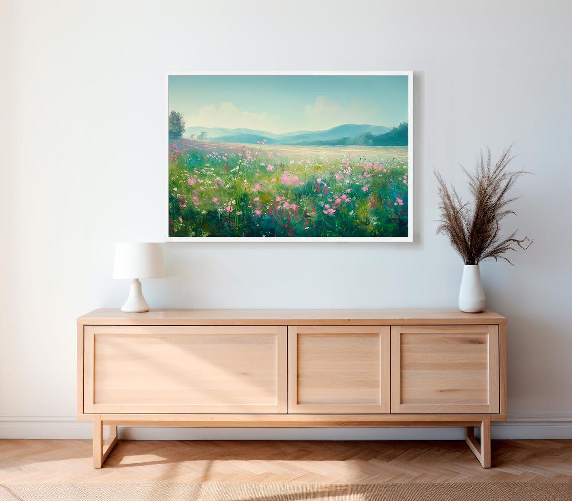 Pink Wildflower Meadow Under Blue Sky Spring Landscape Art Poster - Image 2