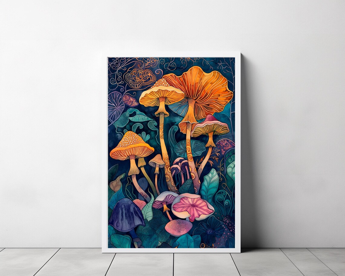 Colorful Whimsical Mushrooms on Dark Teal Art Nouveau Style Wall Art - Image 3