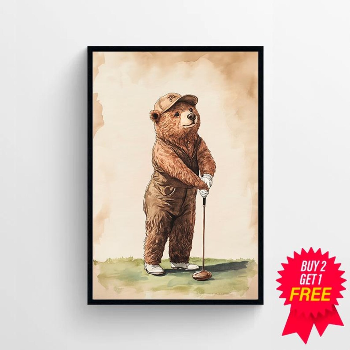Cute Bear Golfer In Overalls Putting On The Green Nursery Wall Art - Image 4