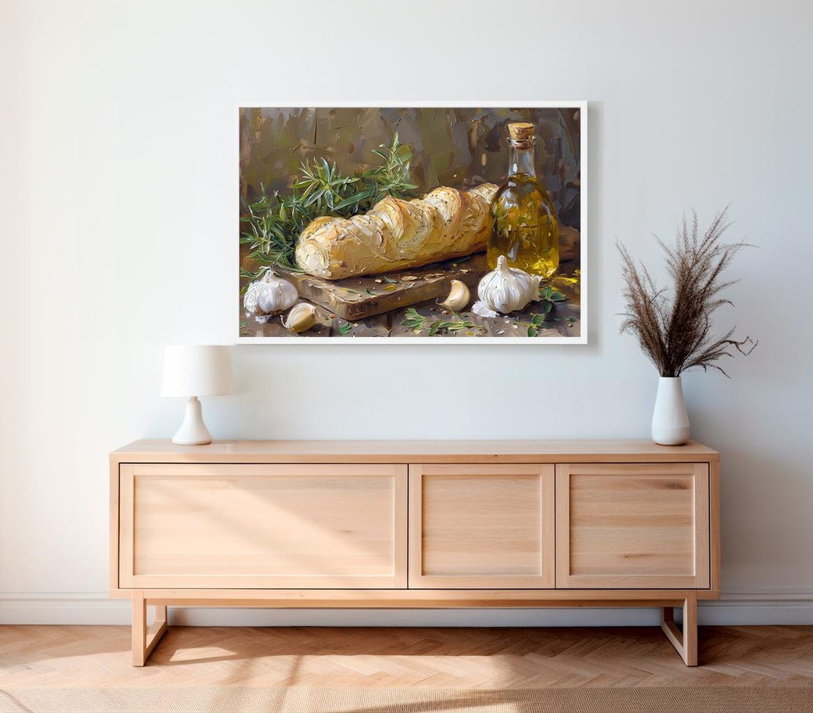 Rustic Bread Loaf Garlic Olive Oil Kitchen Still Life Poster - Image 2