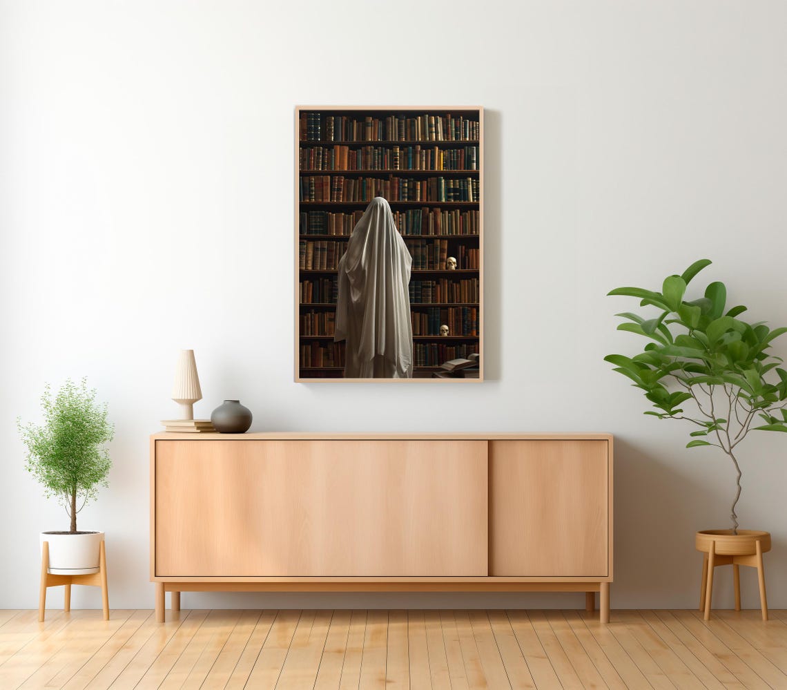 Ghost Facing A Wall Of Old Books From Behind Dark Academia Poster - Image 2