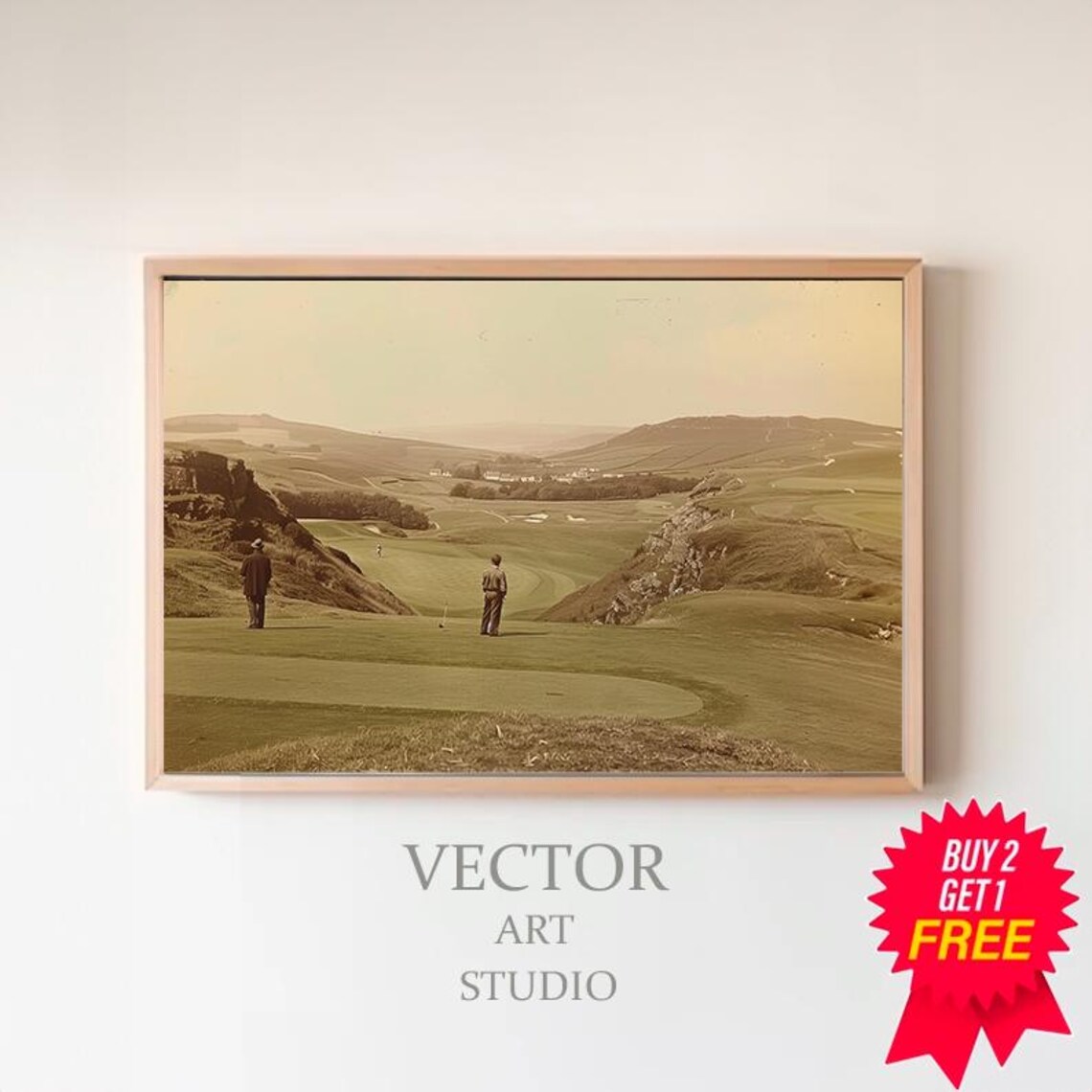 Vintage Sepia Golfers on Hillside Fairway Classic Golf Art Print