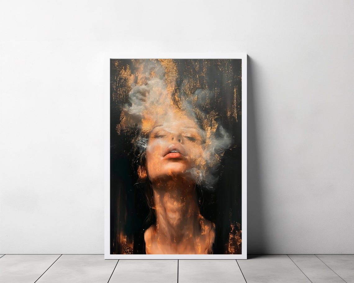 Golden Smoke Woman Portrait Dramatic Dark Surreal Art Poster - Image 3