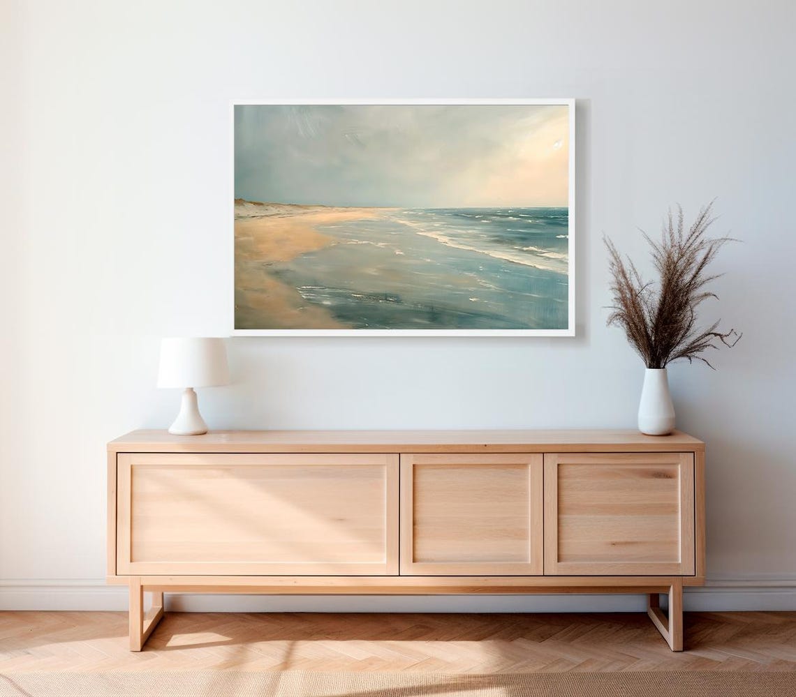 Muted Neutral Beach Seascape Soft Oil Painting Coastal Art Poster - Image 2