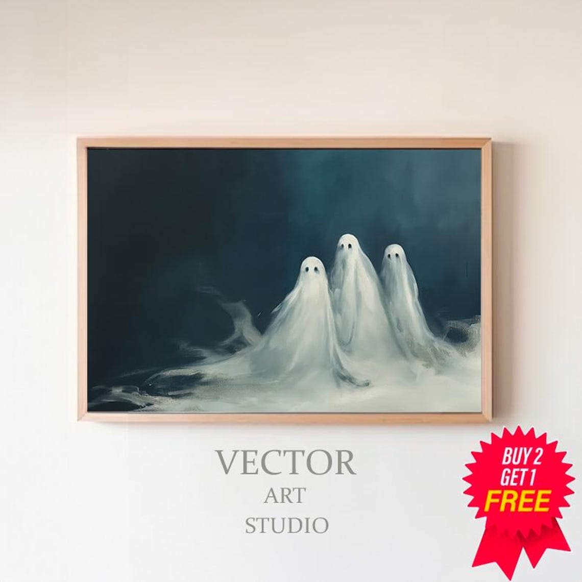 Three Cute Ghosts Emerging from Mist on a Dark Night Halloween Poster