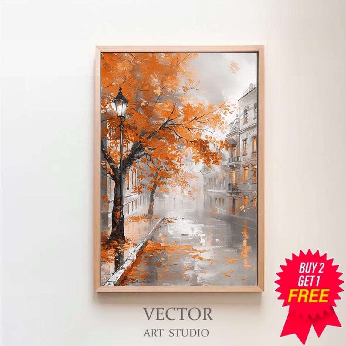 Autumn Street with a Vintage Lamp Post and Orange Trees Poster