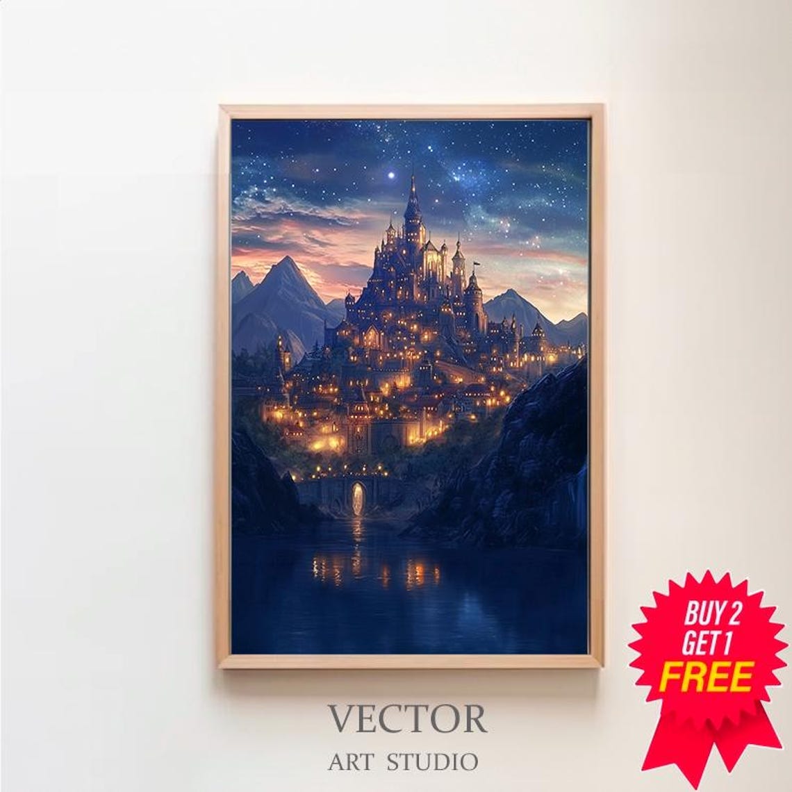 Starlit Castle Town With River Reflection Sunset Fantasy Poster