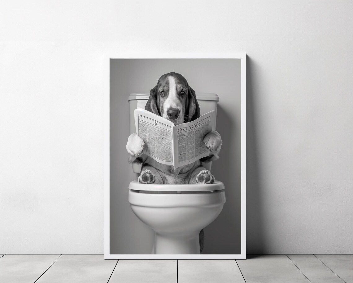 Basset Hound Reading Newspaper on Toilet Funny Animal Poster - Image 3