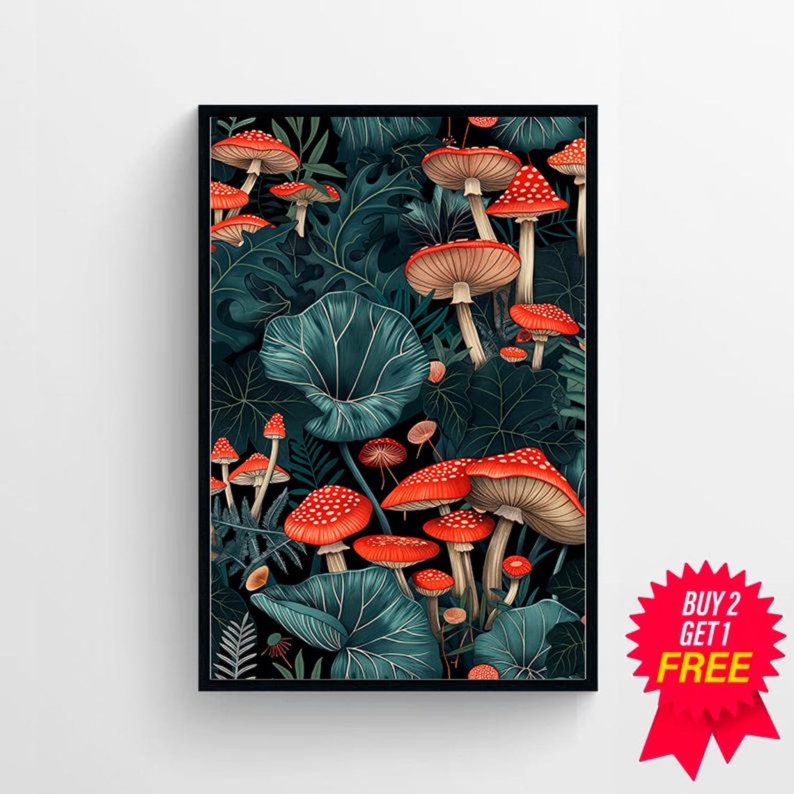 Red Fly Agaric Mushrooms Among Dark Leaves William Morris Style Poster - Image 4