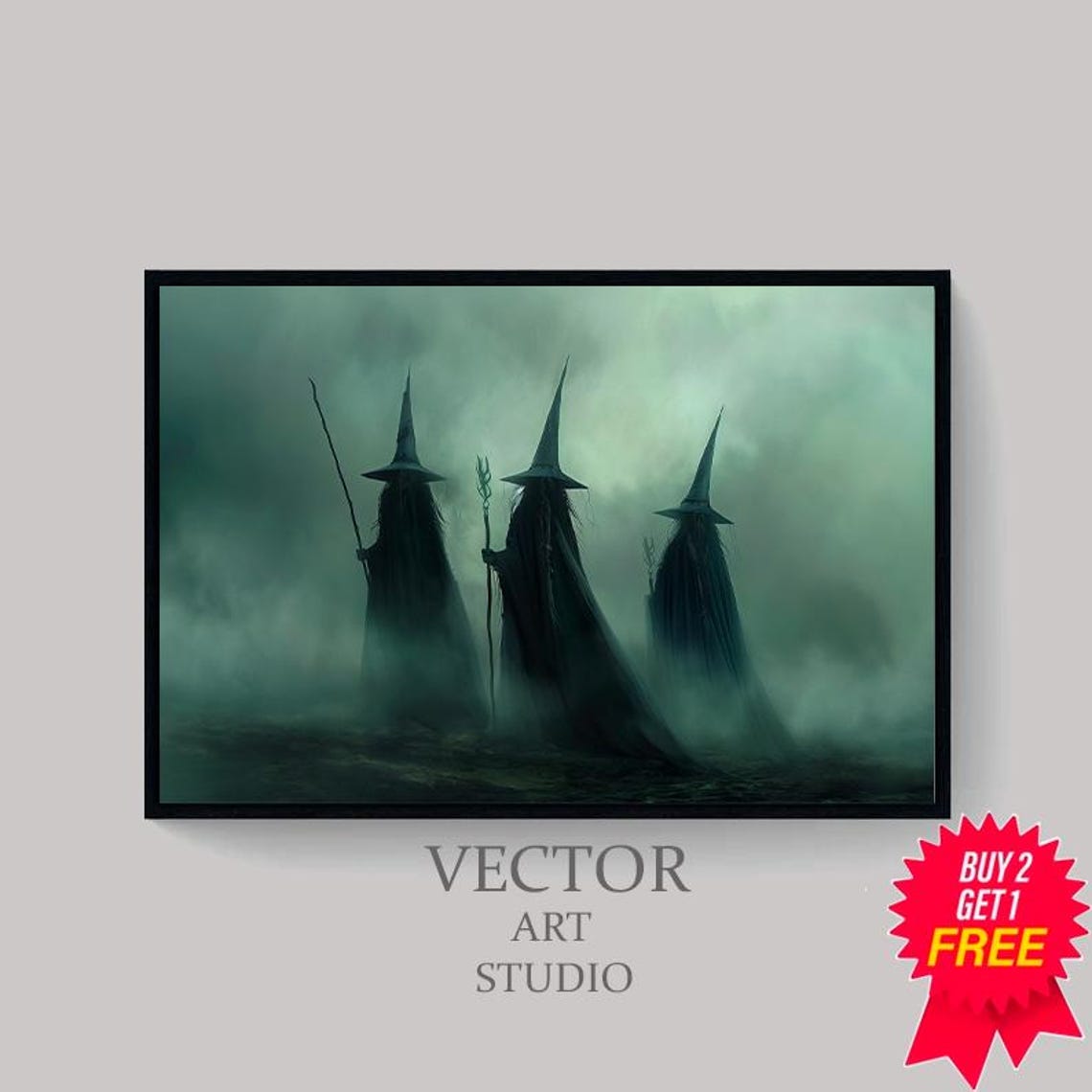 Three Witches In Thick Fog With Staffs Dark Green Coven Poster - Image 4