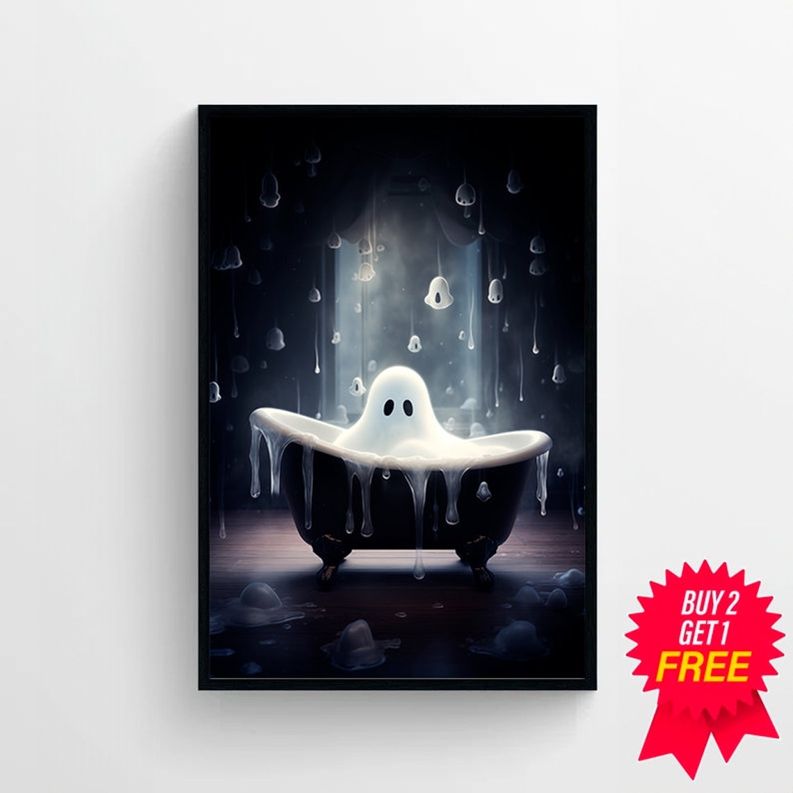 Cute Ghost in a Foam-Filled Black Tub Beneath Falling Moonlight Poster - Image 4