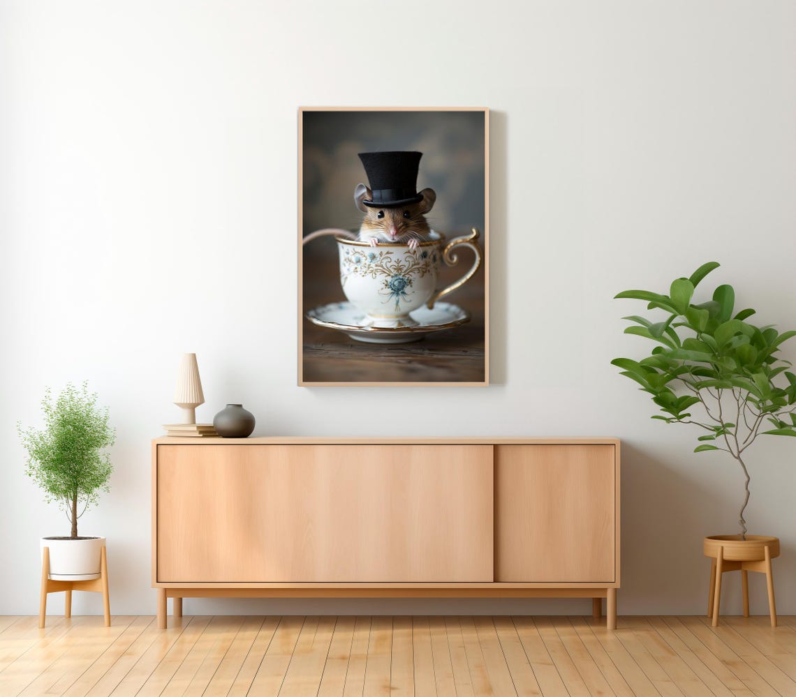 Tiny Curious Mouse in Top Hat Sitting in Vintage Teacup Poster - Image 2