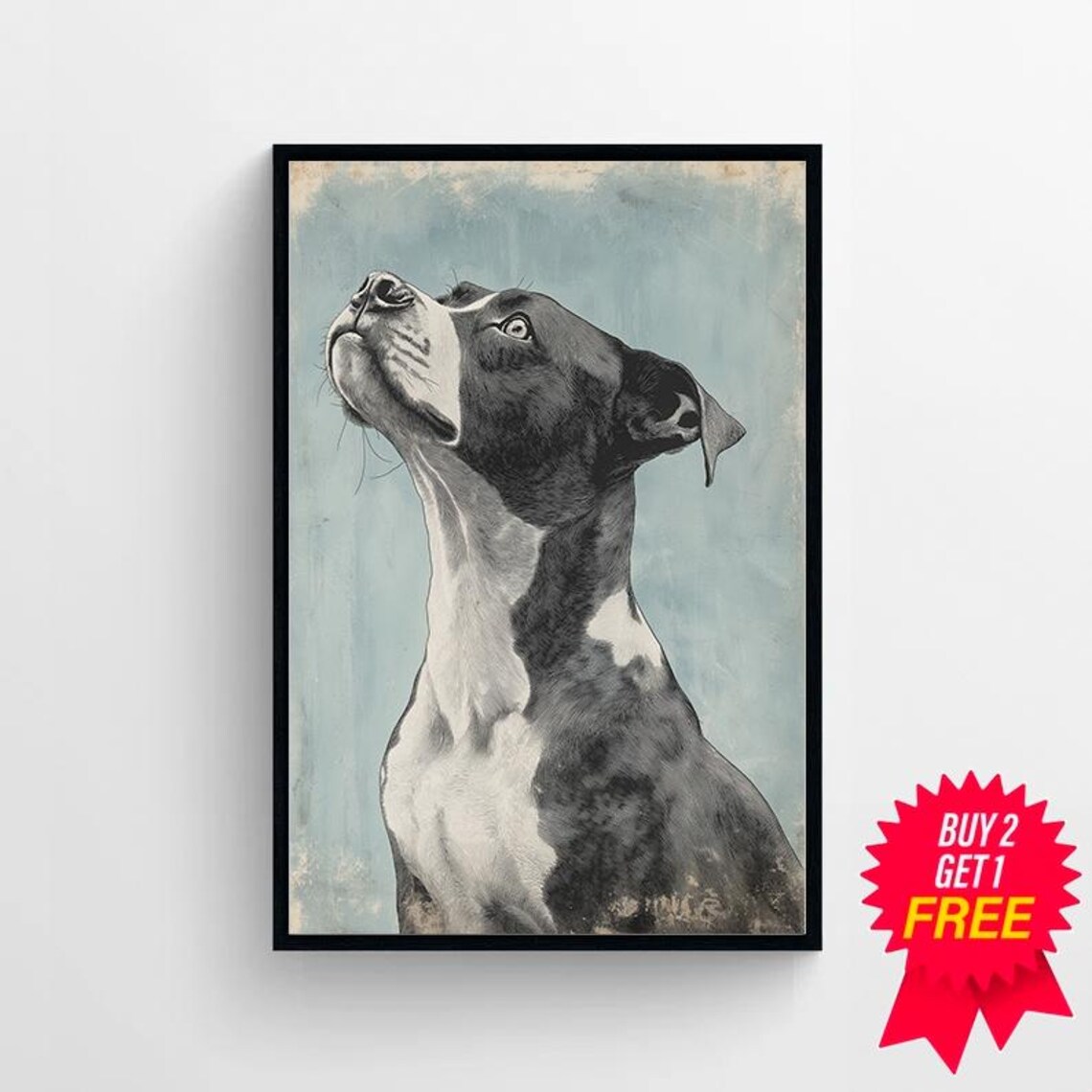 Black And White Dog Looking Up Vintage Ink Sketch Portrait Poster - Image 4