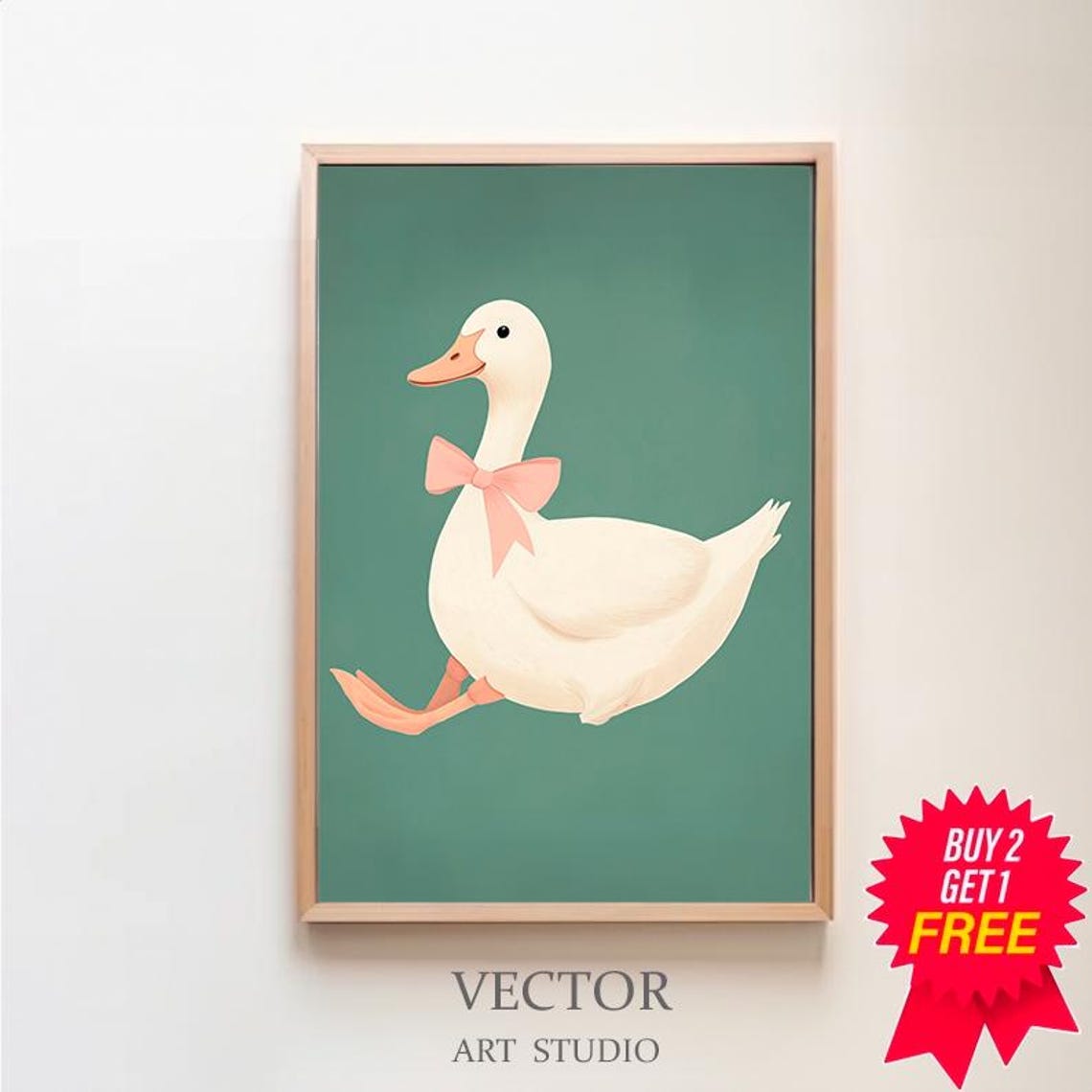 Playful White Duck With Pink Bow Jumping on Dark Teal Poster