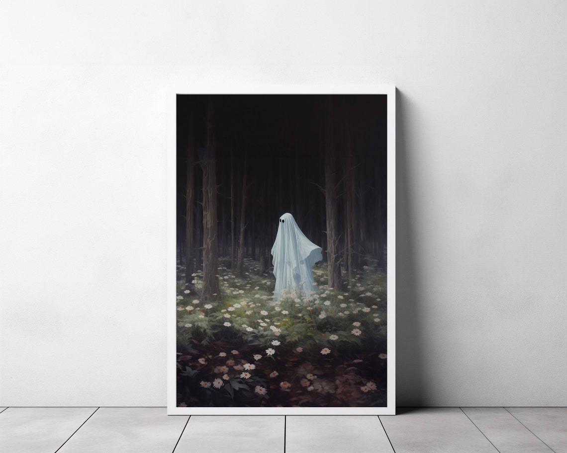 Ghost Walking Among White Daisies in a Dark Moonlit Forest Poster - Image 3
