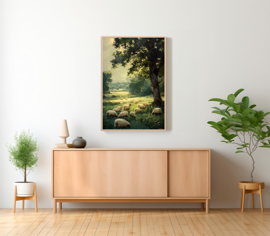 Pastoral Sheep Grazing in a Green Meadow Under a Big Tree Poster - Image 2