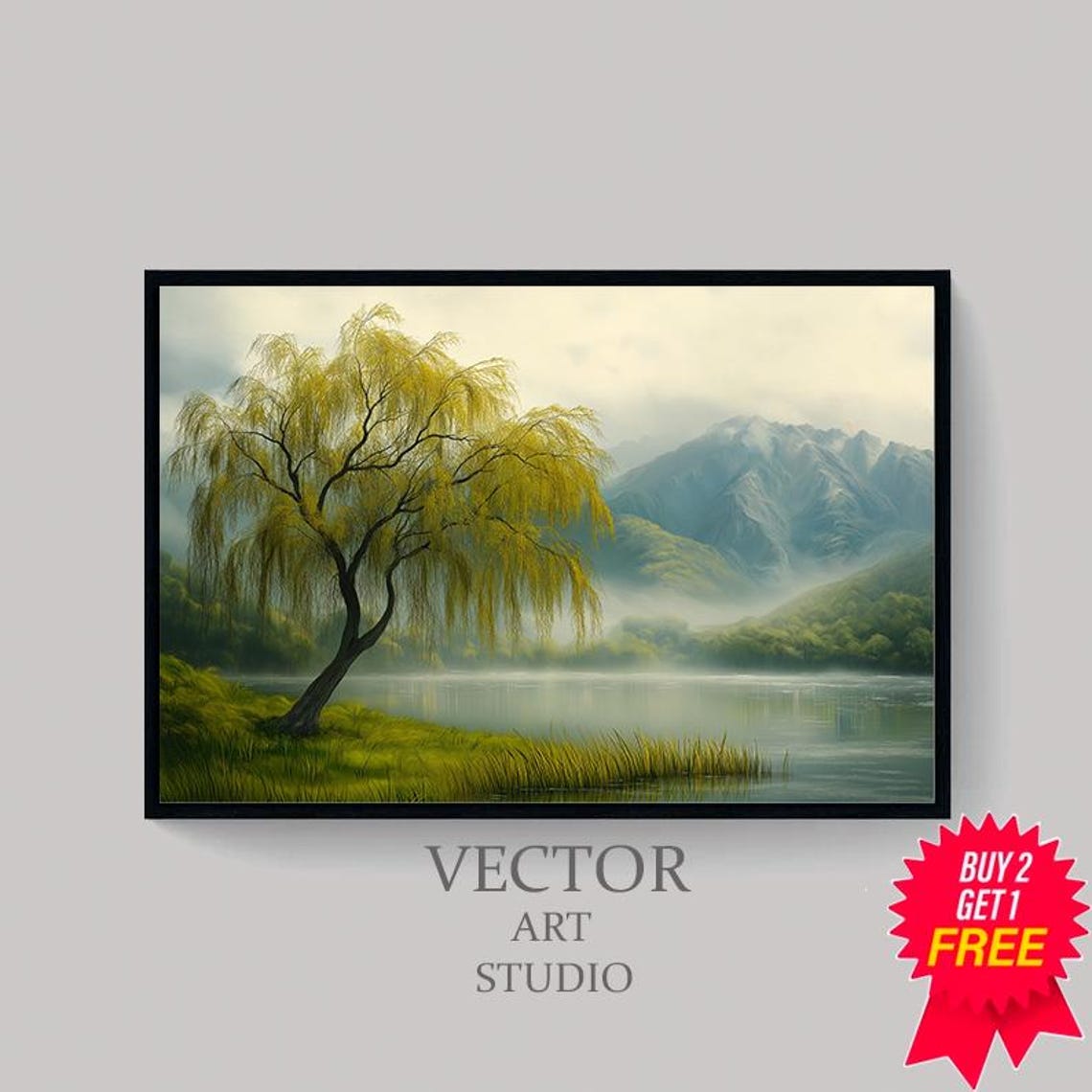 Weeping Willow Landscape Art Wall Decor Weeping Willow Tree Painting Tranquil Art Moody Rustic Landscape Art - Image 4