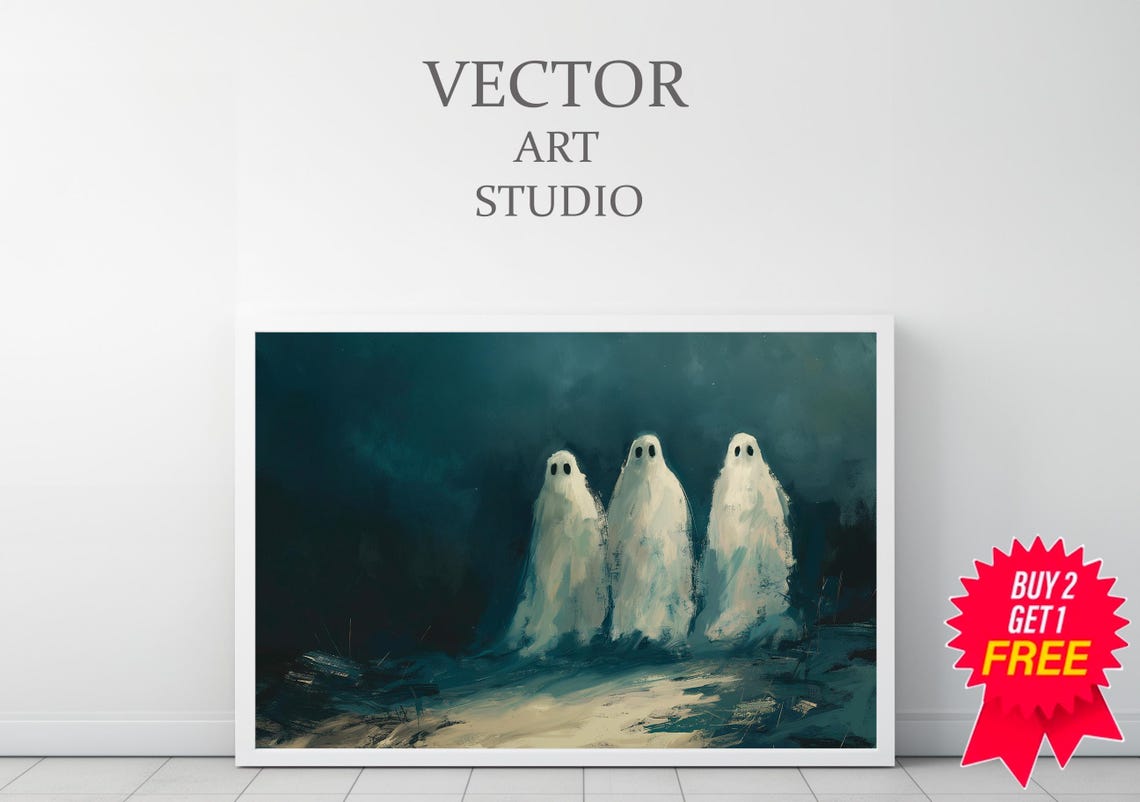 Three Cute Ghosts on a Dark Teal Night Spooky Halloween Art Poster - Image 3
