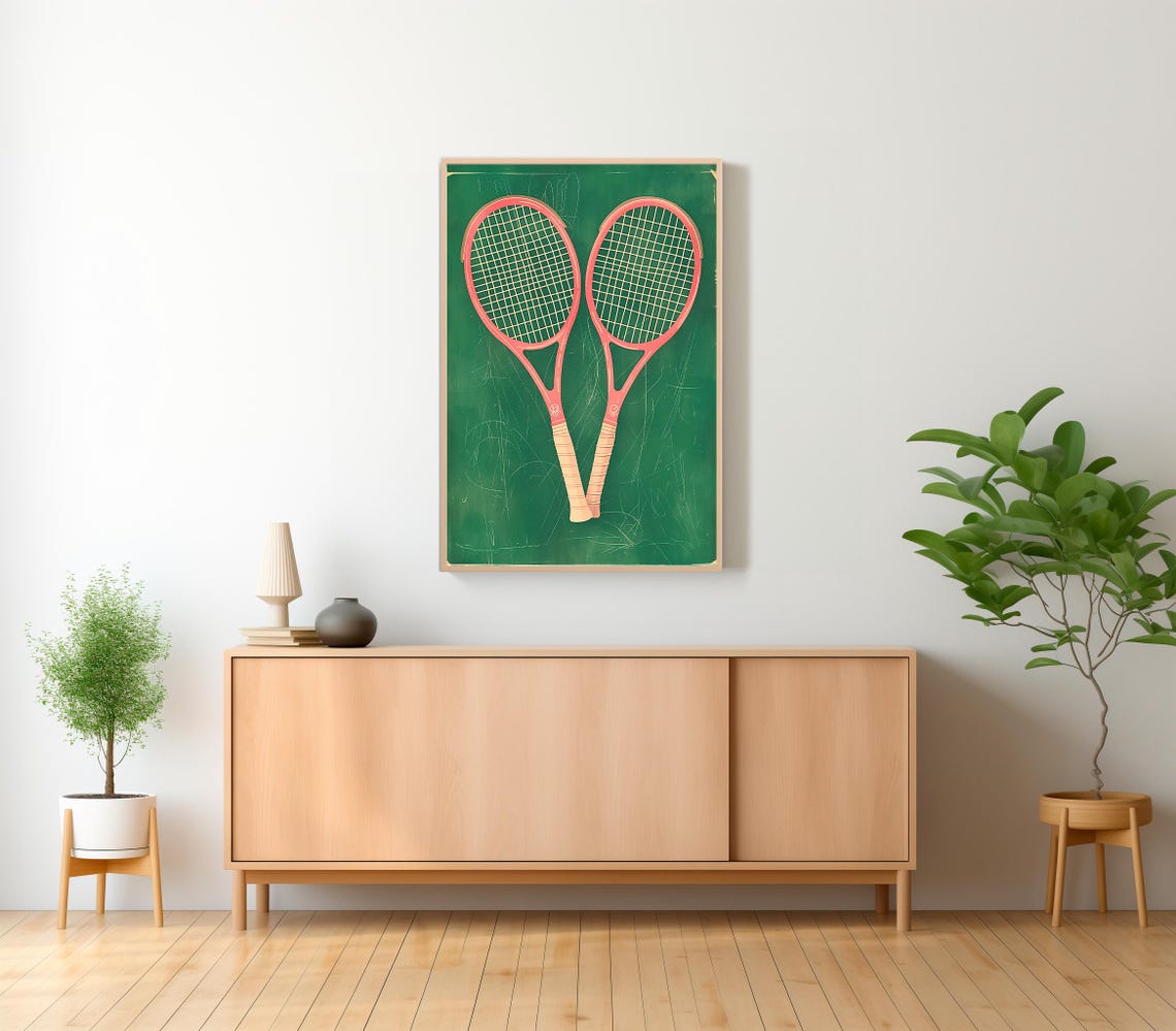 Coral Tennis Rackets Duo on Green Vintage Chalkboard Style Poster - Image 2