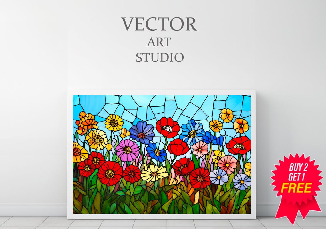 Stained Glass Wildflower Meadow Under Blue Sky Floral Poster - Image 3