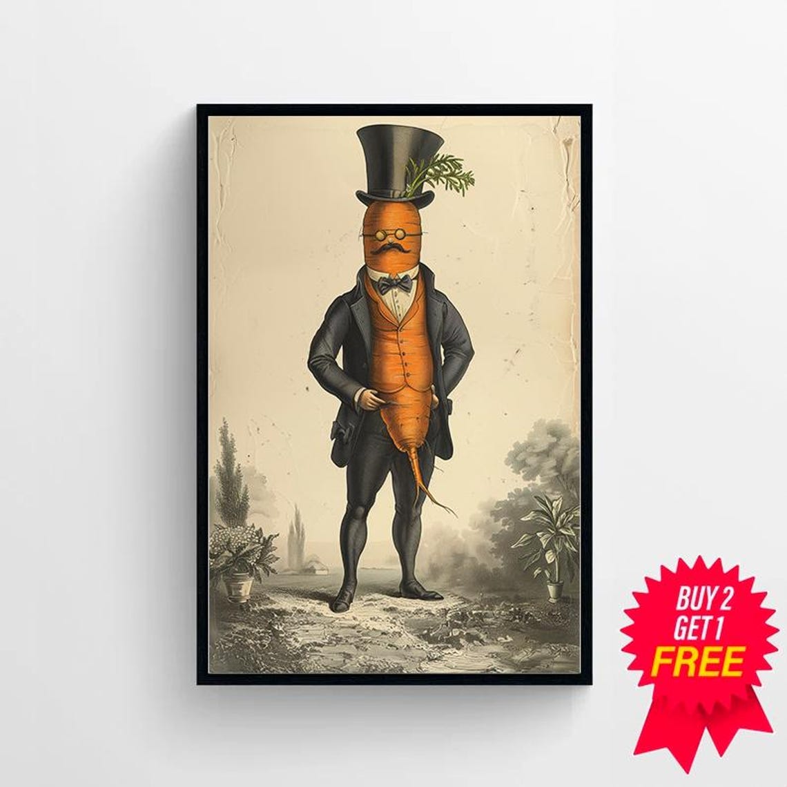 Dapper Carrot Gentleman Top Hat Vintage Humor Kitchen Poster - Image 4
