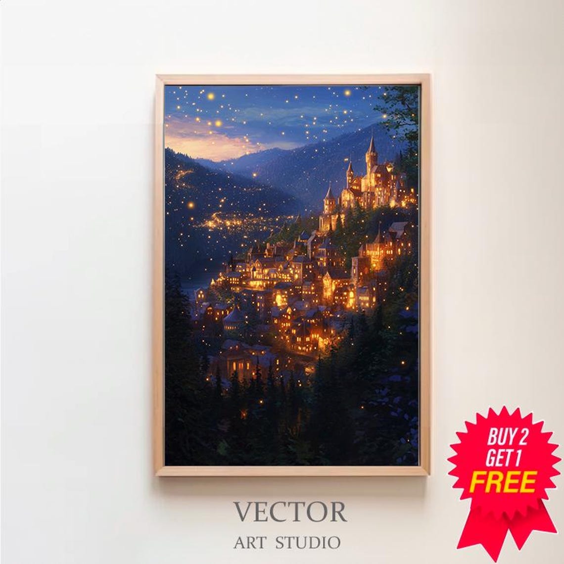 Enchanted City Of Starlight Glowing Night Town Fantasy Poster