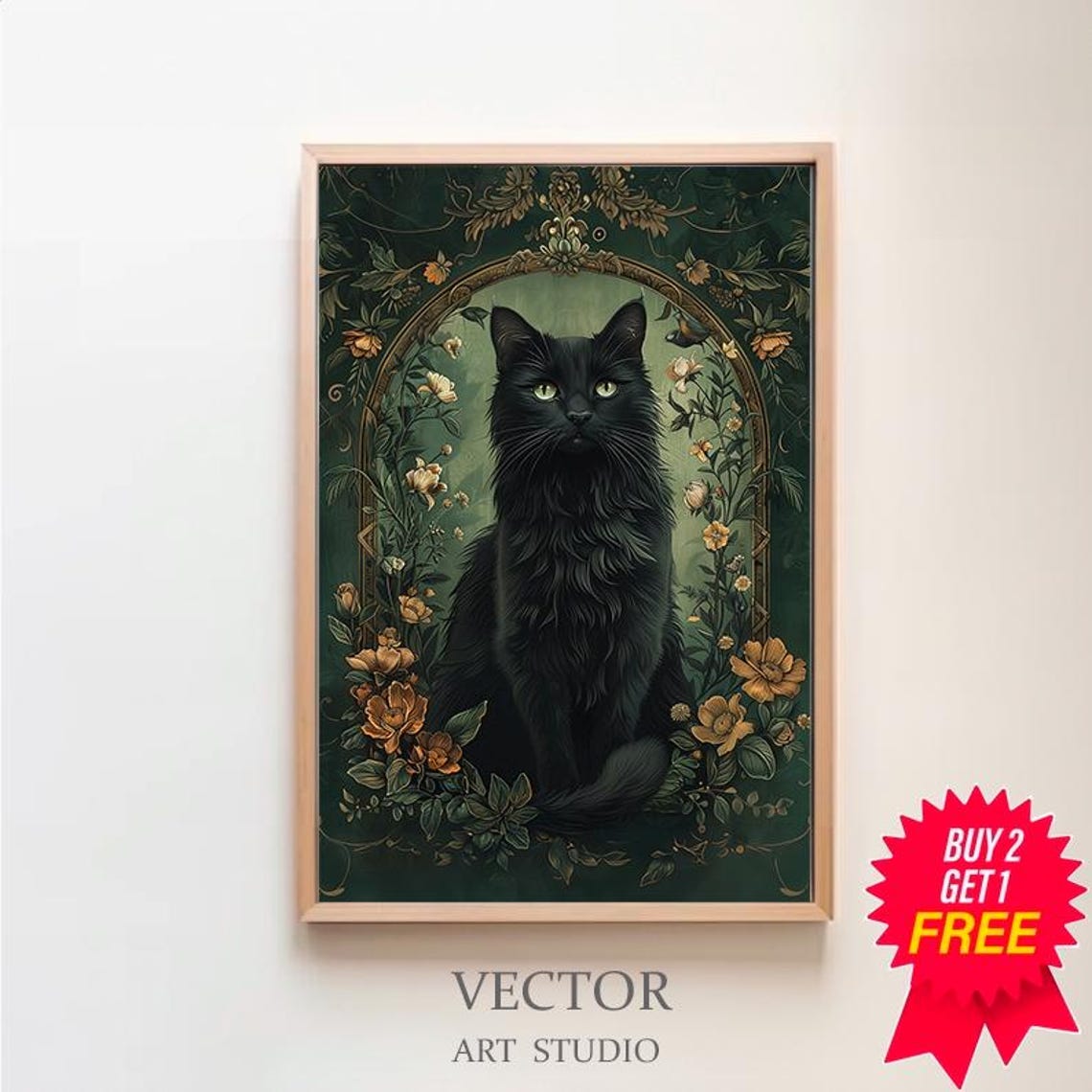 Black Cat with Green Eyes in Floral Arch Vintage Botanical Poster