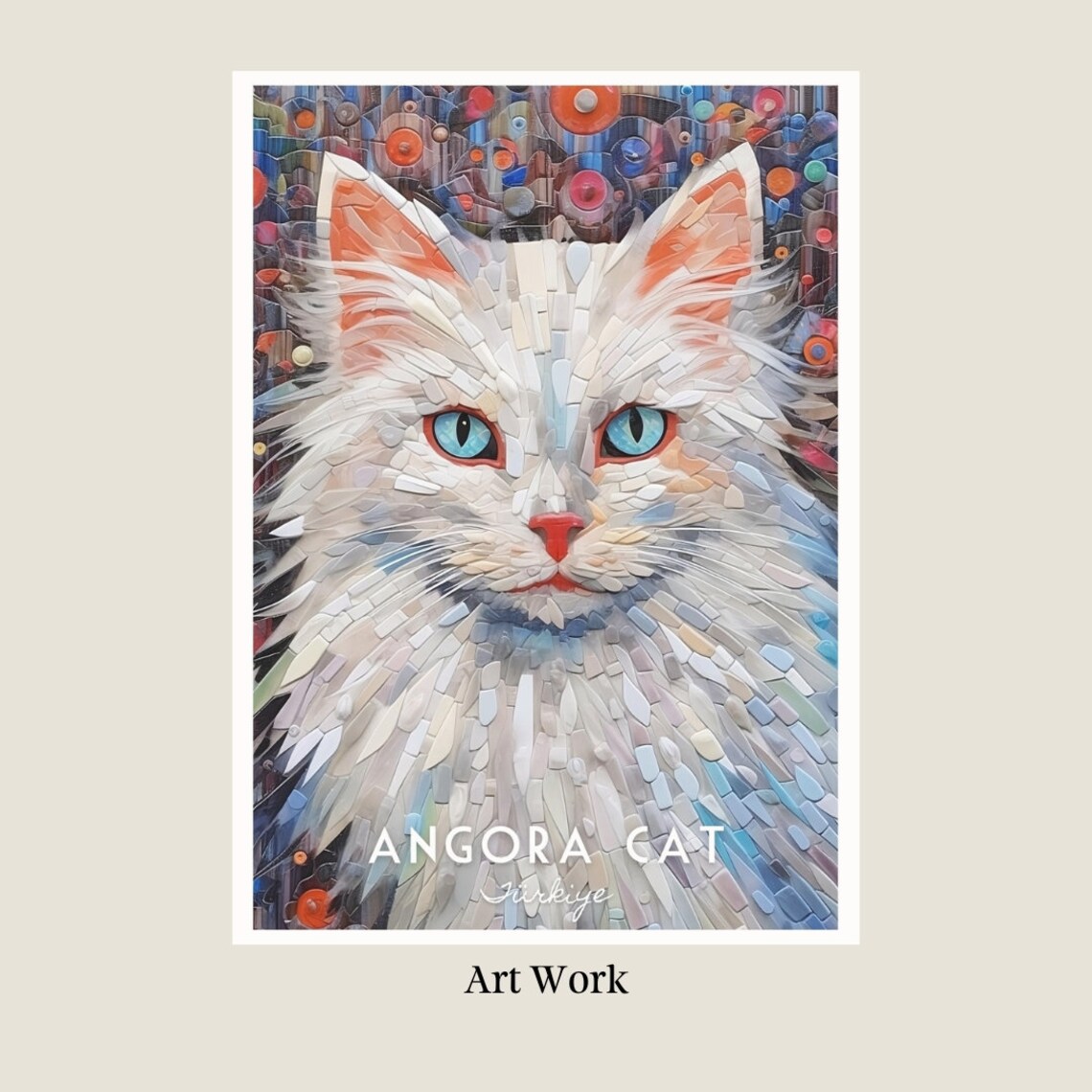 Angora Cat Blue Eyes White Mosaic Pet Portrait Wall Art for Home - Image 2