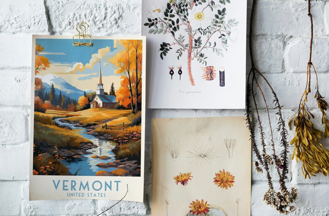 Vermont Fall Foliage Church Steeple Stream Autumn Travel Poster - Image 4