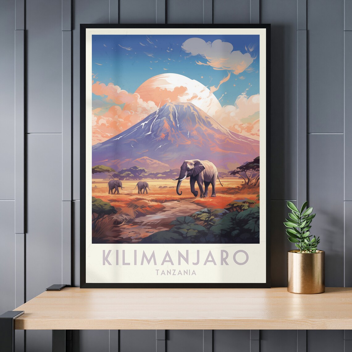 Kilimanjaro Tanzania Poster with Elephants Crossing the Sunset Savanna - Image 3