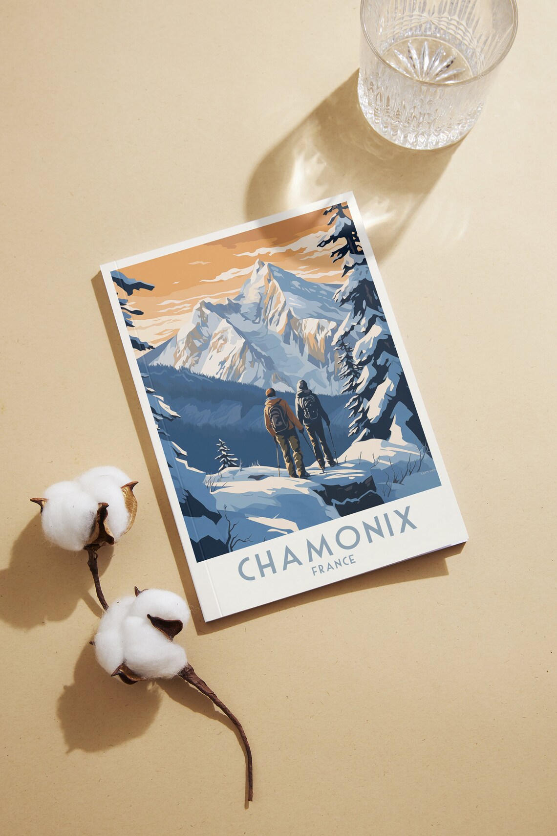 Chamonix France Two Hikers Facing Mont Blanc Golden Sky Poster - Image 2