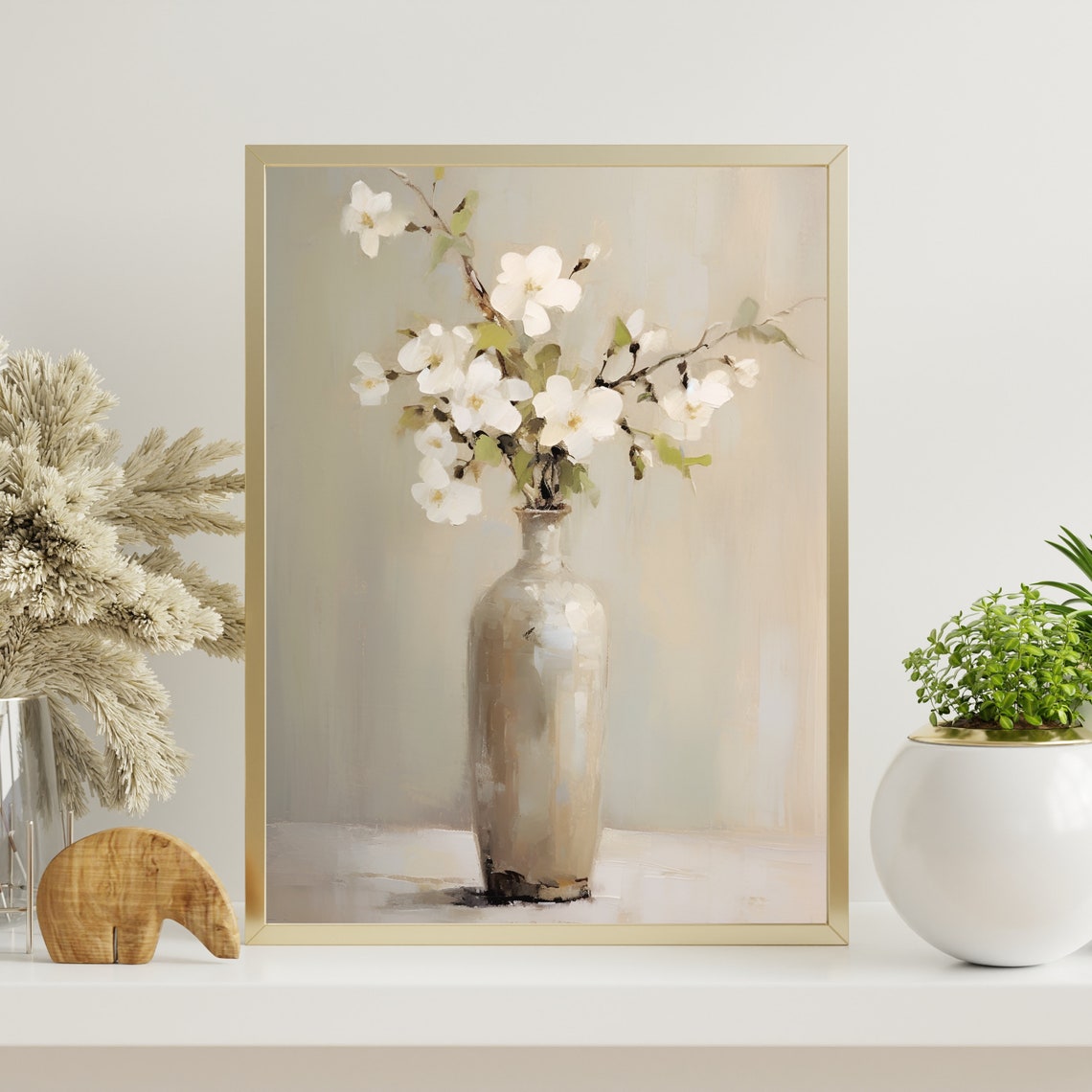 White Blossom Branches Neutral Vase Still Life Floral Poster - Image 3