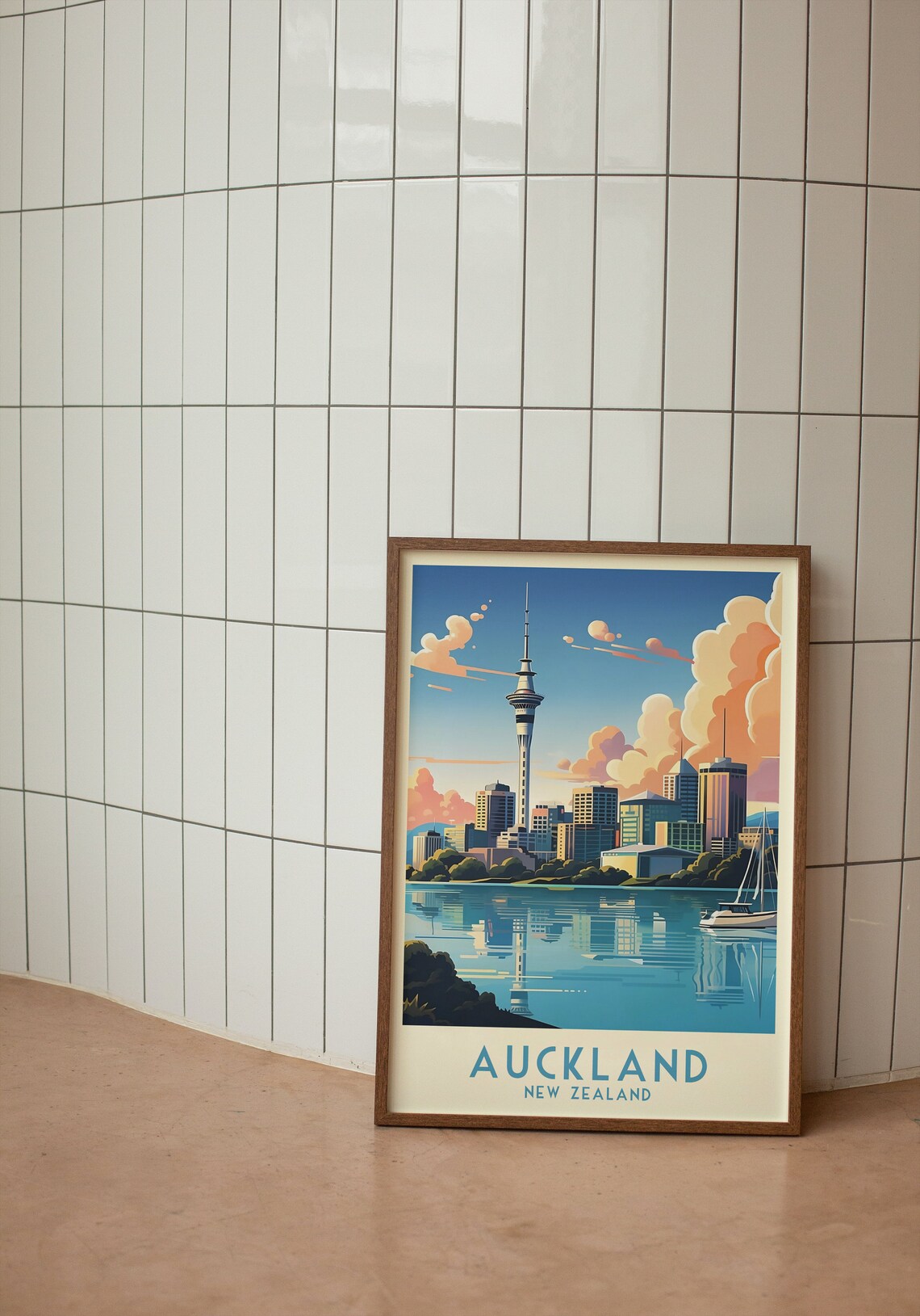 Auckland New Zealand Sky Tower Harbor Sunset Vintage Travel Poster - Image 3