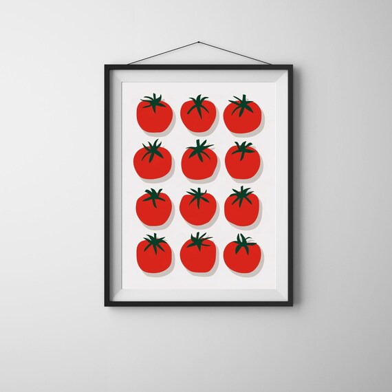 Bold Red Tomato Grid Pattern Minimalist Modern Kitchen Wall Art