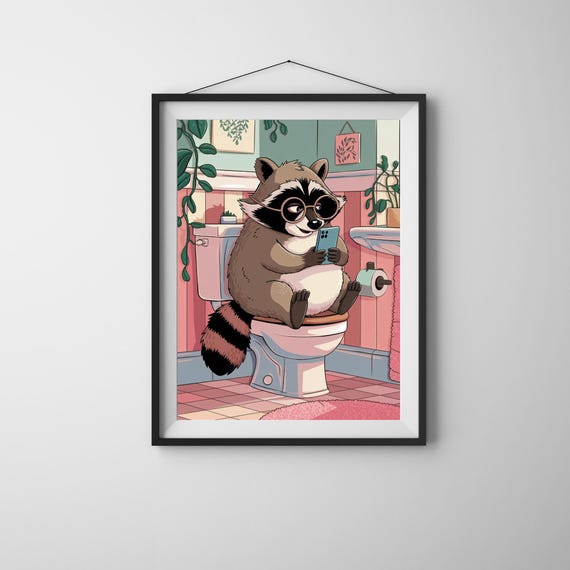 Funny Bathroom Wall Art Raccoon Toilet Print Animal Poster Cute Decor Whimsical For Powder Room