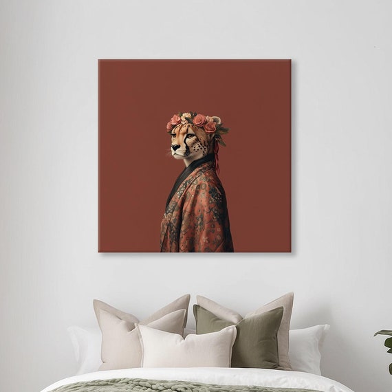 Maximalist Eclectic Fashionista Cheetah Print Bold Altered Animal Portrait Fantasy Fun Colorful Flowery Rustic Vintage Floral Art