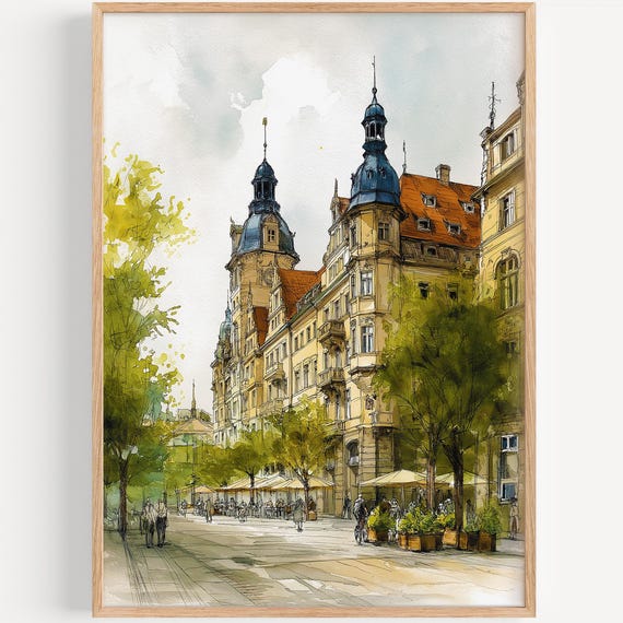 Leipzig Watercolor Painting Wall Art Print Travel Poster Germany Decor Illustration Home