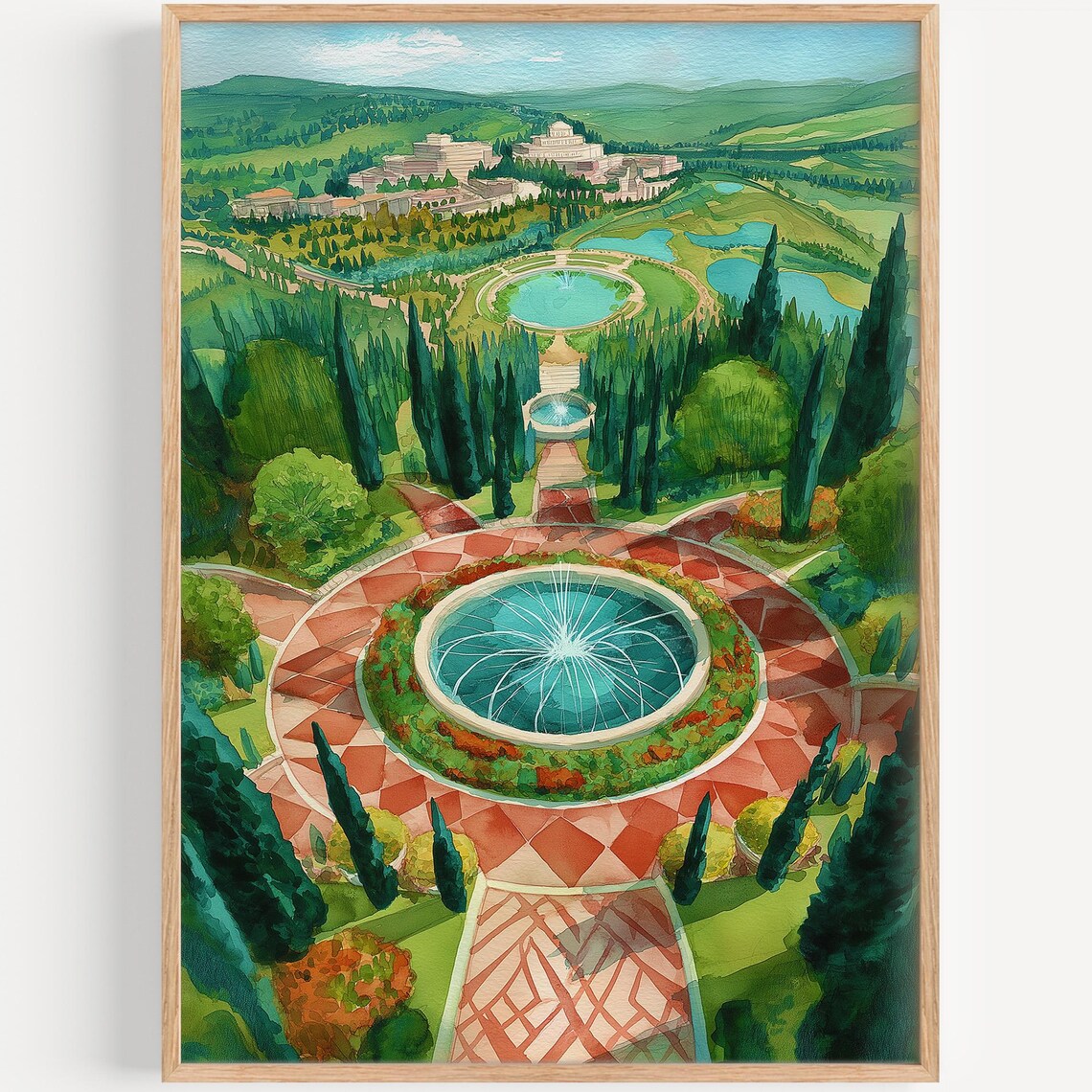 Bahai Gardens Haifa Watercolor Aerial View Israel Travel Art Poster