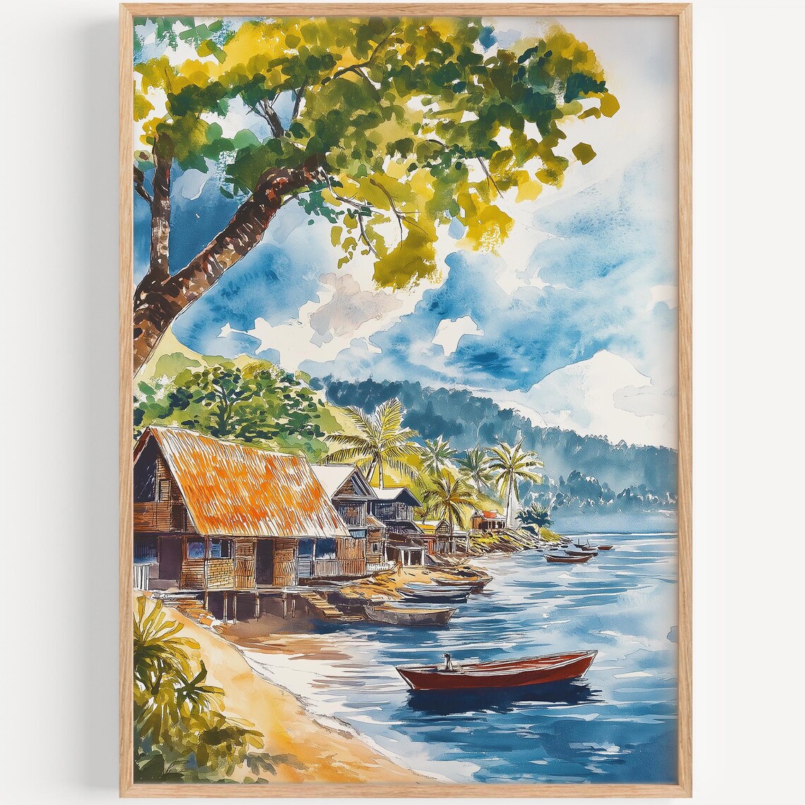 Apia Samoa Tropical Beach Huts Palm Watercolor Travel Poster