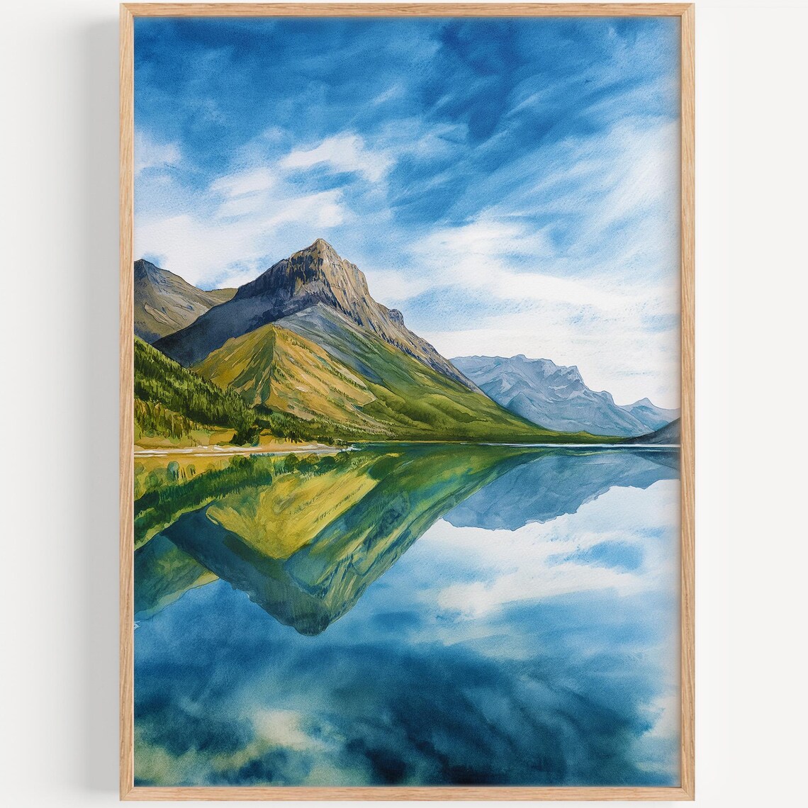 Alpine Mountain Lake Reflection Watercolor Painting Blue Sky Wall Art