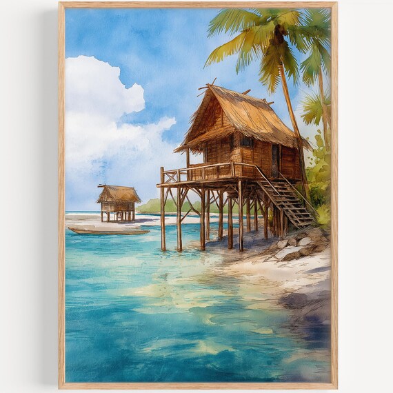 Tropical Island Stilt Hut Watercolor Turquoise Sea Beach Poster