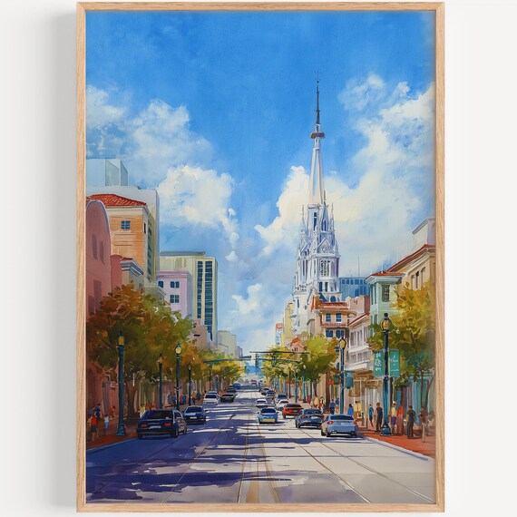 Orlando Florida Downtown Street Spire Sunny Watercolor Art Print