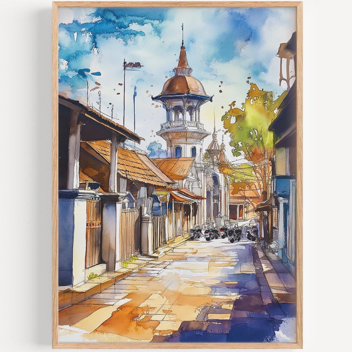 Southeast Asia Old Street Domed Tower Watercolor Travel Poster