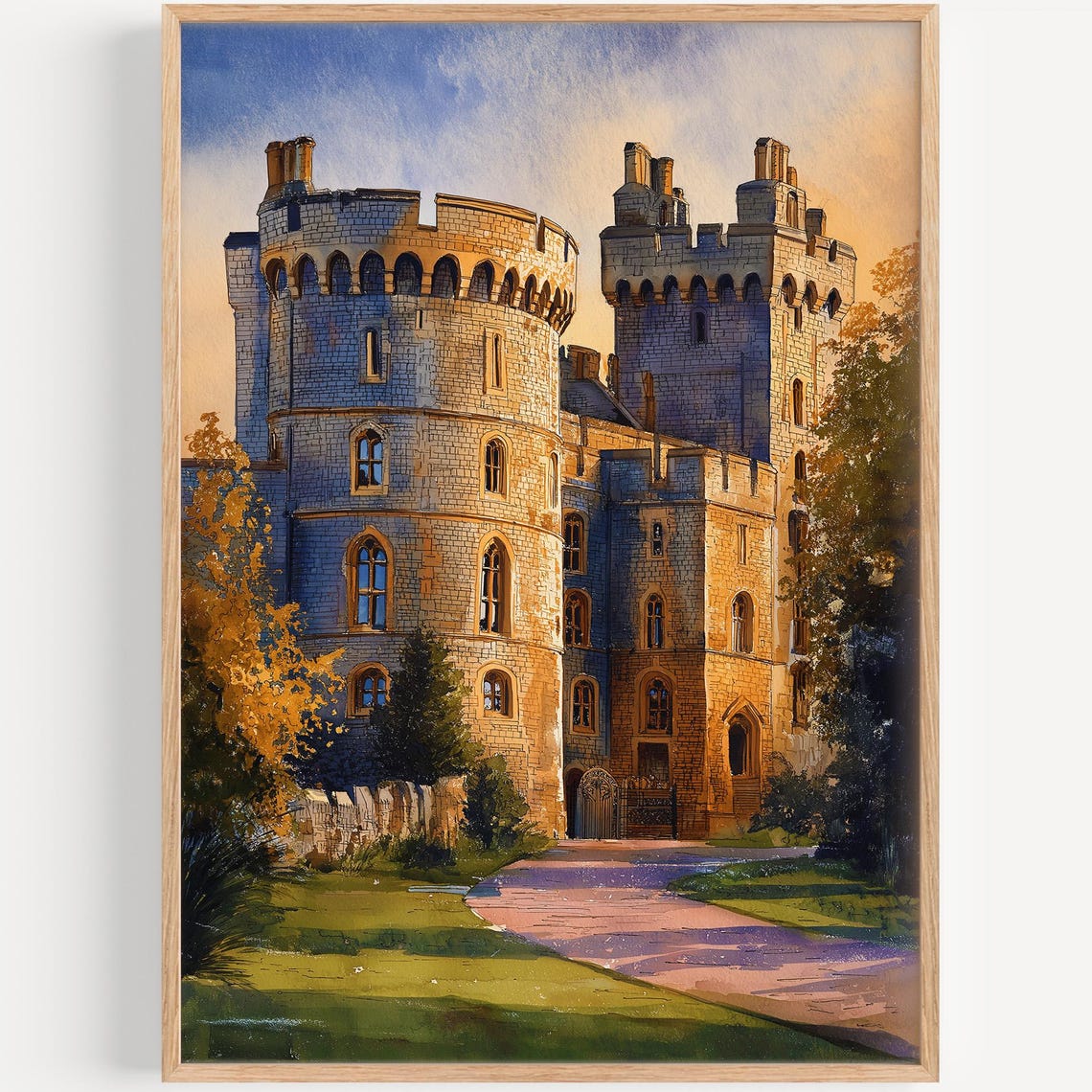 Windsor Castle England Sunset Watercolor Painting Towers Wall Art