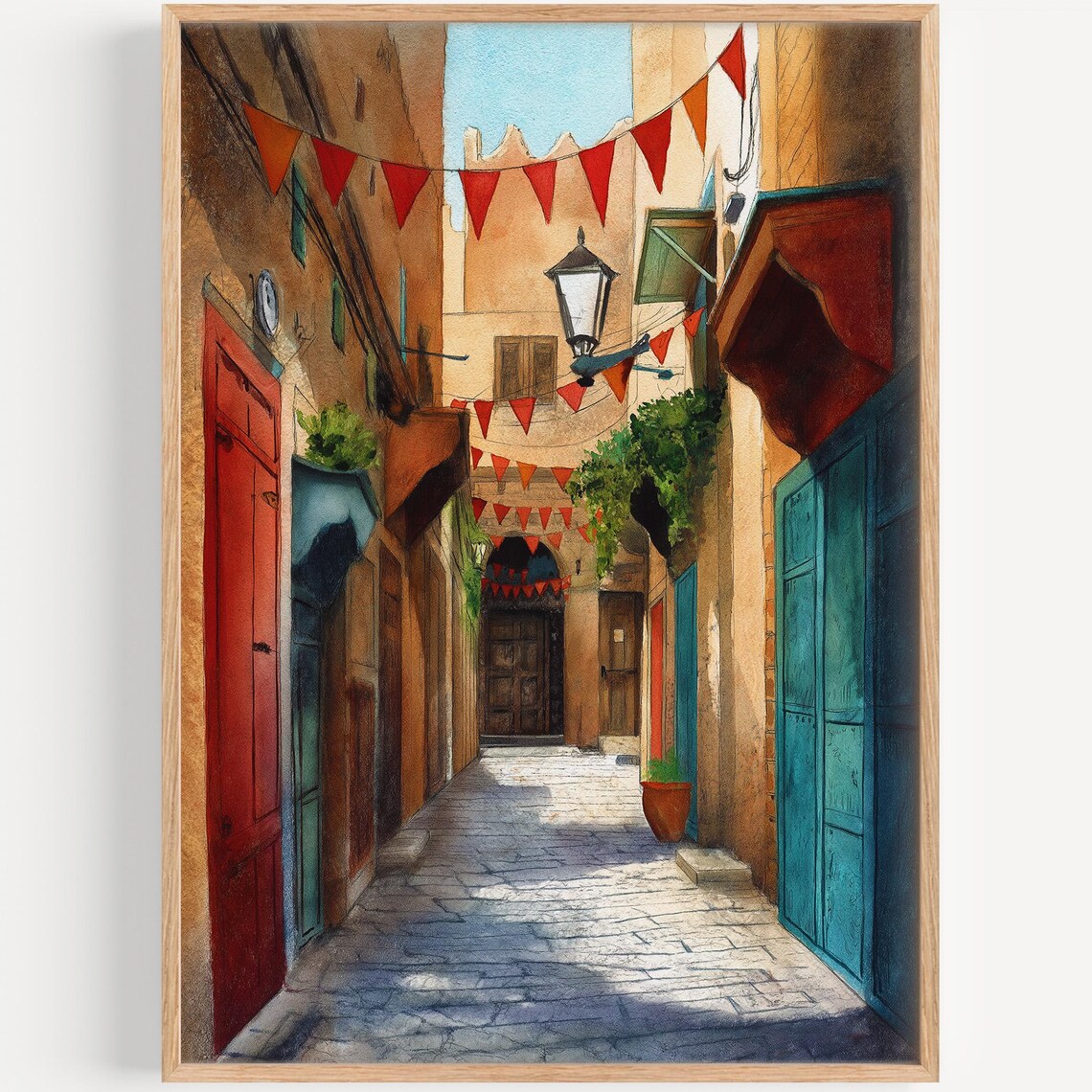 Fez Morocco Medina Alleyway Colorful Doors Pennants Watercolor Travel Poster