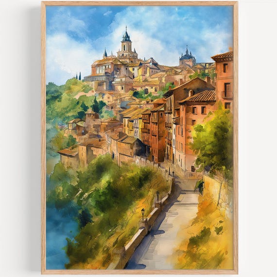 Toledo Watercolor Painting Wall Art Print Spain Travel Poster Decor Illustration Home