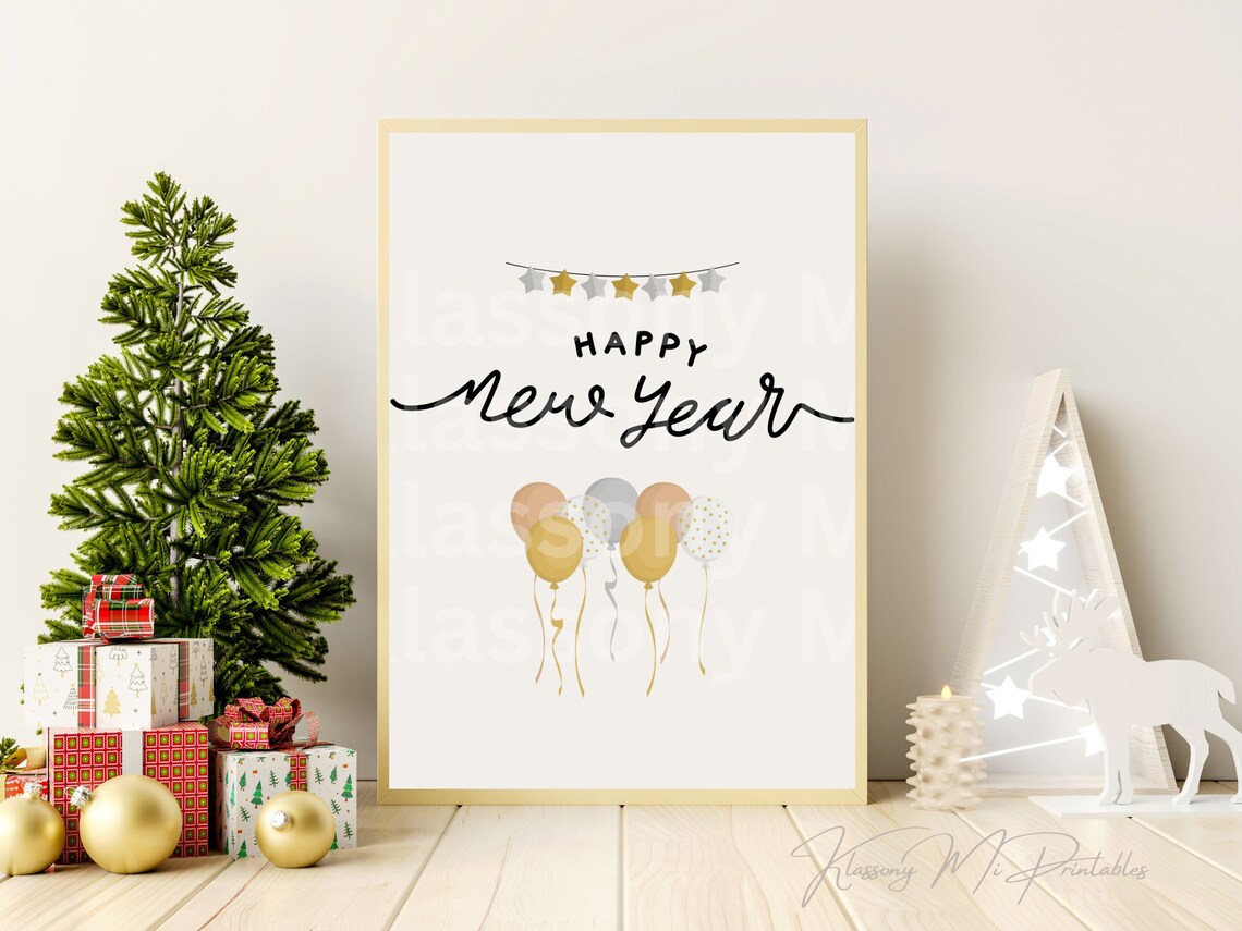 Happy New Year Balloons Stars Garland Cute Pastel Celebration Poster - Image 2