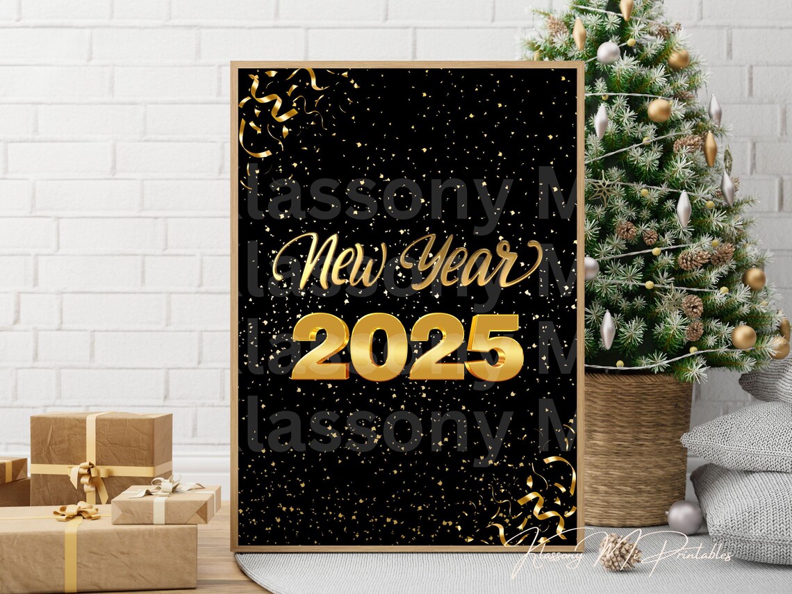 2025 Gold Confetti Happy New Year Black Celebration Party Poster